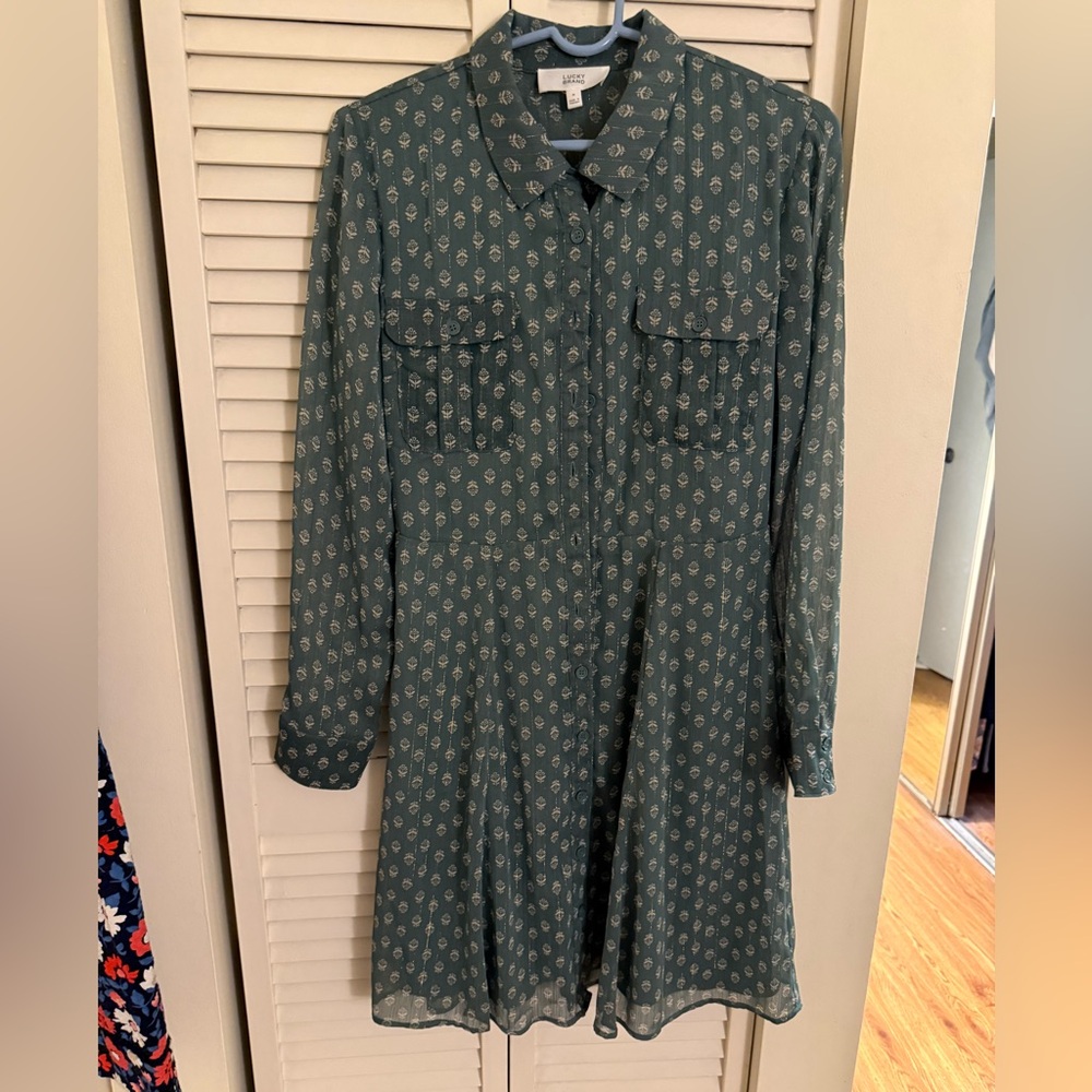 Lucky Brand Teal Patterned Long Sleeve Dress